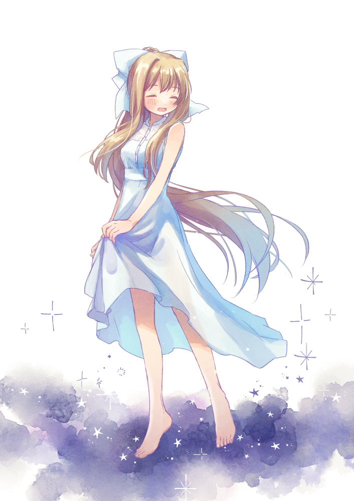 1girl, air_(visual_novel), barefoot, blonde_hair, blue_eyes, dress, hair_ribbon, hikari_(0607_hikari)