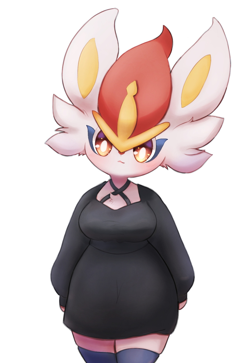 1girl, :3, animal_ears, animal_nose, arms_at_sides, black_dress, blue_thighhighs, blush, body_fur, breasts, bright_pupils, cinderace, closed_mouth, clothed_pokemon, commentary_request, cowboy_shot, dress, furry, furry_female, head_tilt, highres, kagetsu_(pixiv_59460925), long_sleeves, looking_at_viewer, medium_breasts, pokemon, pokemon_(creature), rabbit_ears, rabbit_girl, red_eyes, redhead, short_dress, short_hair, simple_background, skindentation, solo, standing, thigh-highs, white_background, white_fur, white_pupils, zettai_ryouiki