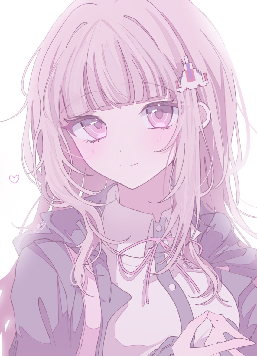 1girl, alternate_hair_length, alternate_hairstyle, backpack, bag, black_shirt, blunt_bangs, breasts, closed_mouth, collared_shirt, danganronpa_(series), danganronpa_2:_goodbye_despair, dress_shirt, galaga, hair_ornament, hands_up, heart, highres, jacket, large_breasts, long_hair, long_sleeves, looking_at_viewer, nanami_chiaki, neck_ribbon, open_clothes, open_jacket, pink_eyes, pink_ribbon, pote_(pote_39), ribbon, shirt, simple_background, smile, solo, two-tone_shirt, upper_body, white_background, white_shirt