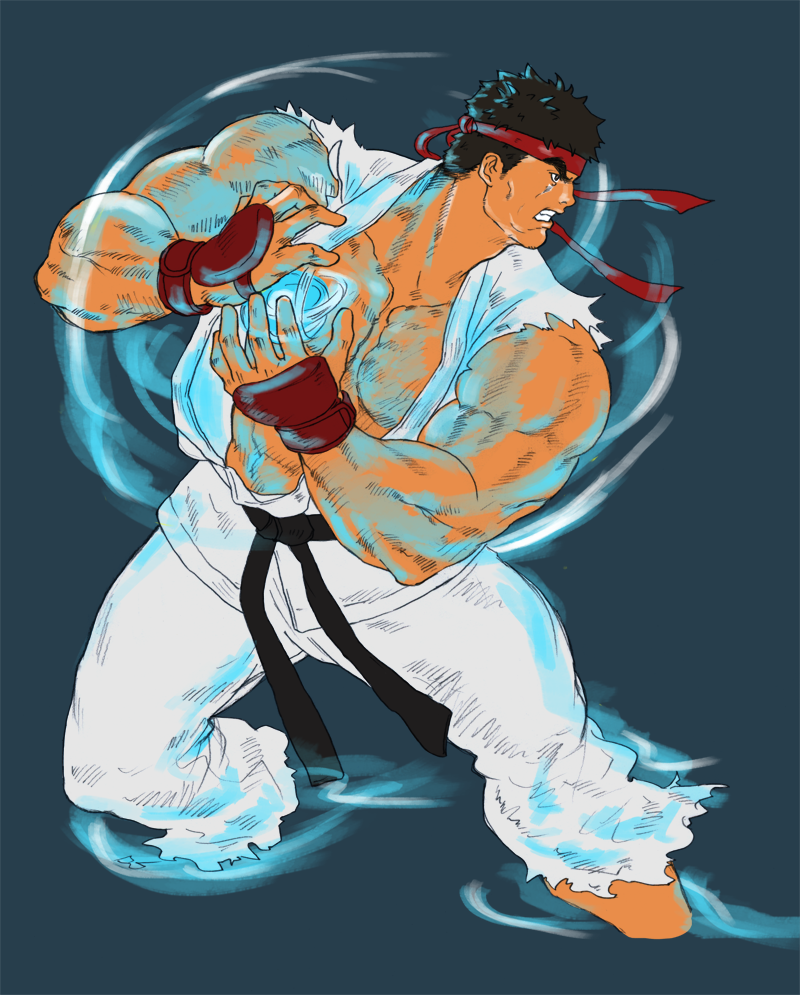 1boy, black_hair, clenched_teeth, cropped_legs, dougi, energy_ball, fighting_stance, forked_eyebrows, hadouken, headband, hereticanthemthed, looking_to_the_side, male_focus, muscular, muscular_male, pectoral_cleavage, pectorals, red_headband, ryu_(street_fighter), short_hair, solo, street_fighter, teeth, thick_eyebrows