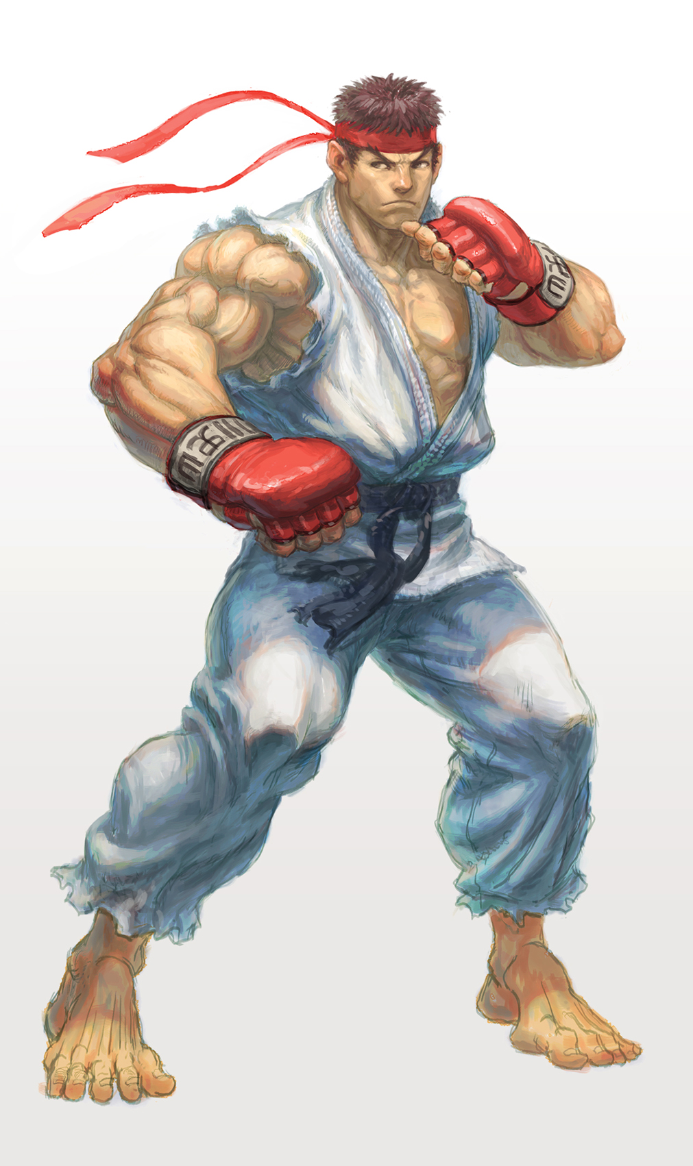 1boy, barefoot, bingoman, black_hair, boxing_gloves, clenched_hands, dougi, fighting_stance