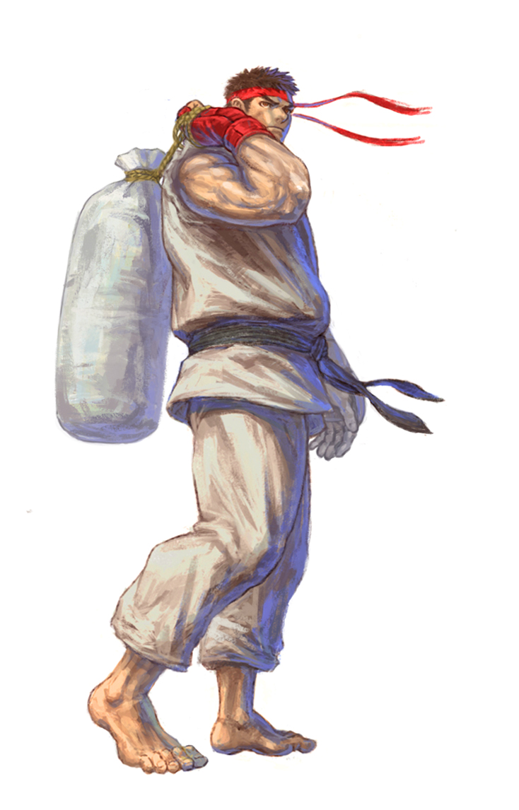 1boy, barefoot, bingoman, black_hair, carrying_over_shoulder, dougi, forked_eyebrows, full_body
