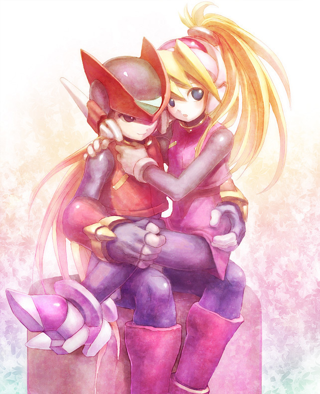 1boy, 1girl, blonde_hair, blue_eyes, ciel_(rockman), couple, helmet, mega_man_(series)