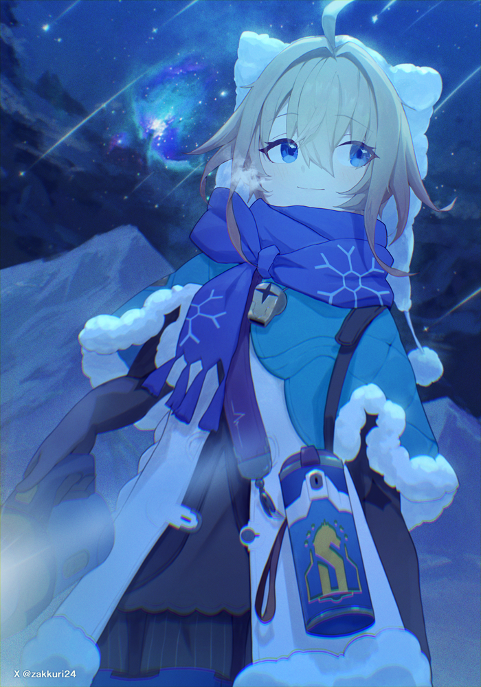 1girl, ahoge, artist_name, black_gloves, black_sweater, blonde_hair, blue_capelet, blue_eyes