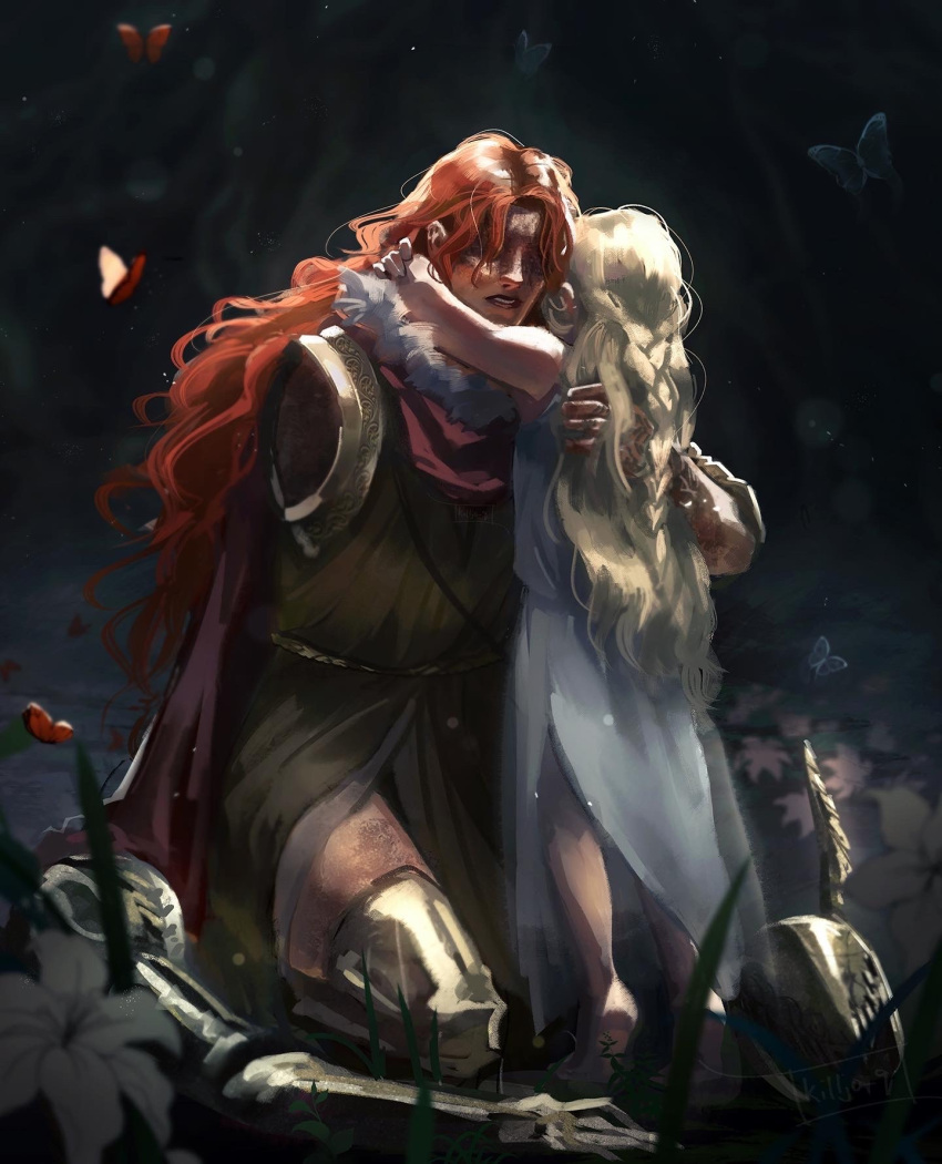 1boy, 1girl, arms_around_neck, barefoot, blonde_hair, blue_butterfly, braid, brother_and_sister