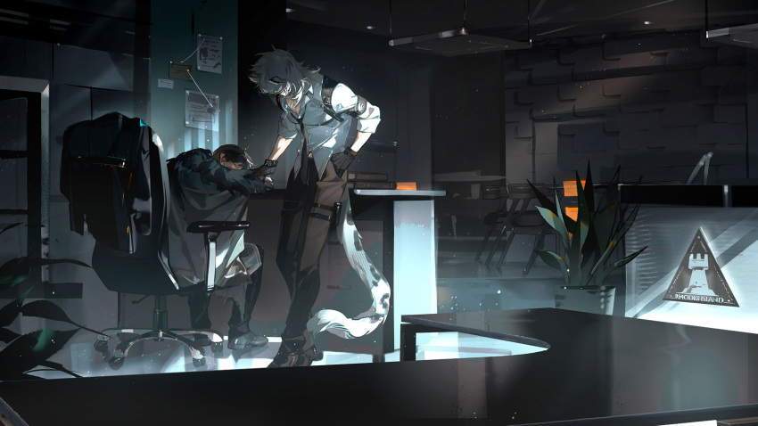 2boys, akai_999, animal_ears, arknights, bishounen, black_footwear, black_gloves, black_hair