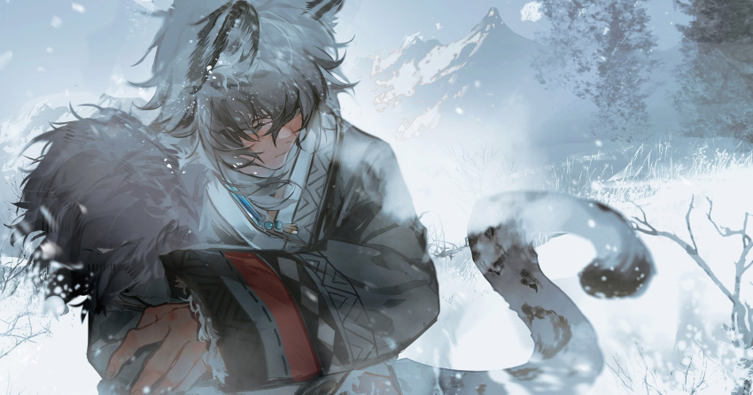 1boy, akai_999, alternate_costume, animal_ears, arknights, chinese_commentary, closed_mouth, coat, commentary_request, fur_trim, grey_eyes, grey_hair, hair_between_eyes, highres, leopard_boy, leopard_ears, leopard_tail, long_sleeves, male_focus, mountain, outdoors, short_hair, silverash_(arknights), snow, snowing, solo, tail, tree, upper_body