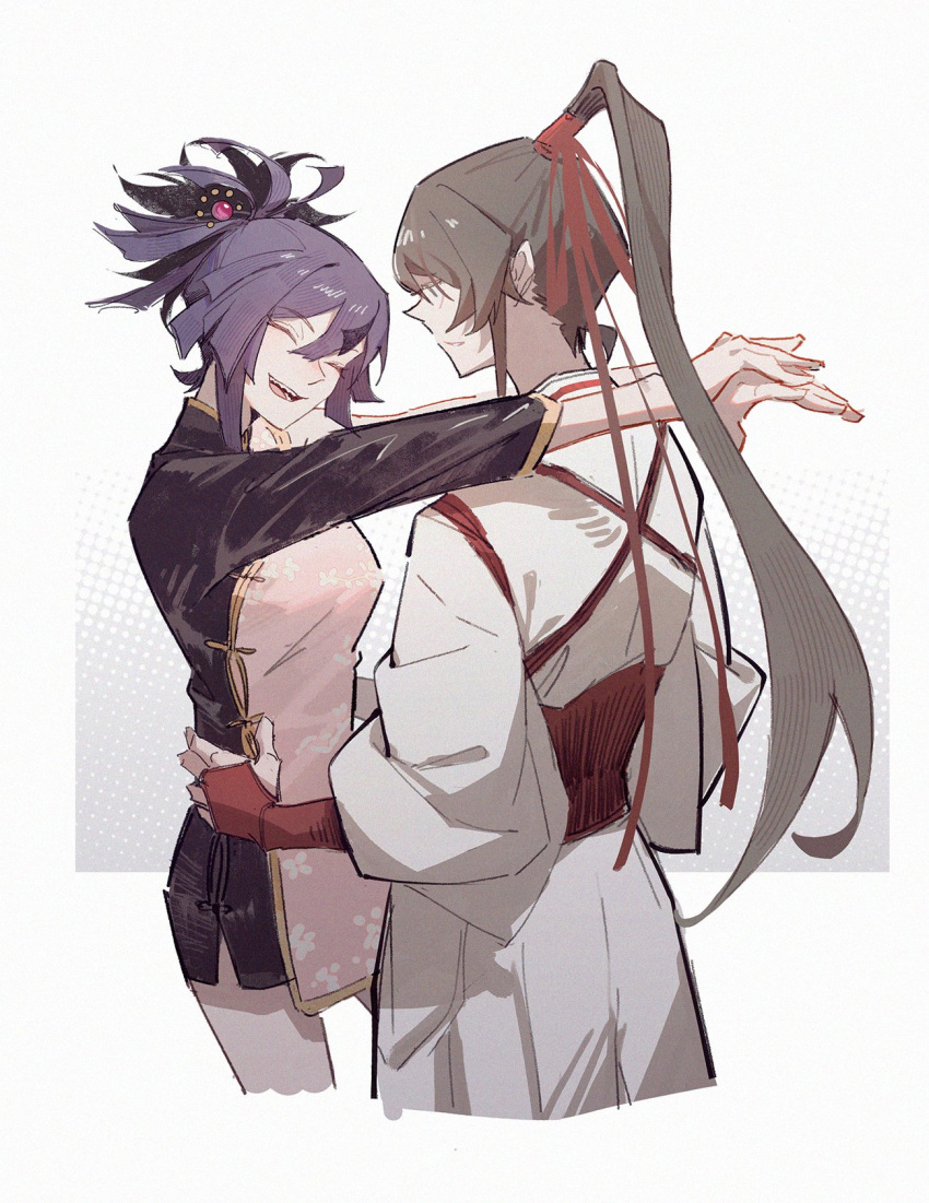 2girls, arms_around_neck, brown_hair, closed_eyes, die_(die0118), hair_between_eyes, hair_bun, hakama