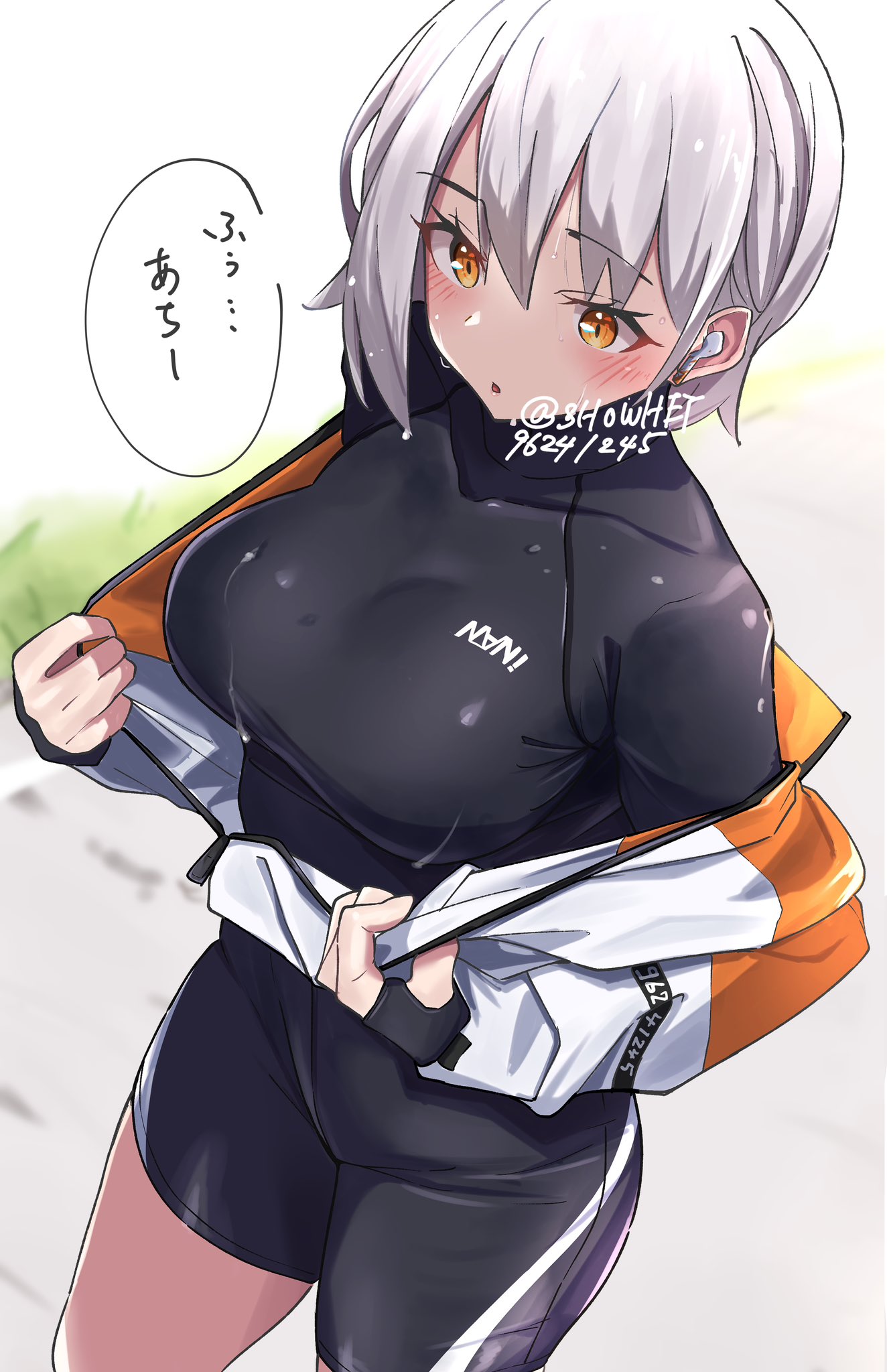 1girl, bike_shorts, black_gloves, black_shirt, black_shorts, black_undershirt, blush, breasts