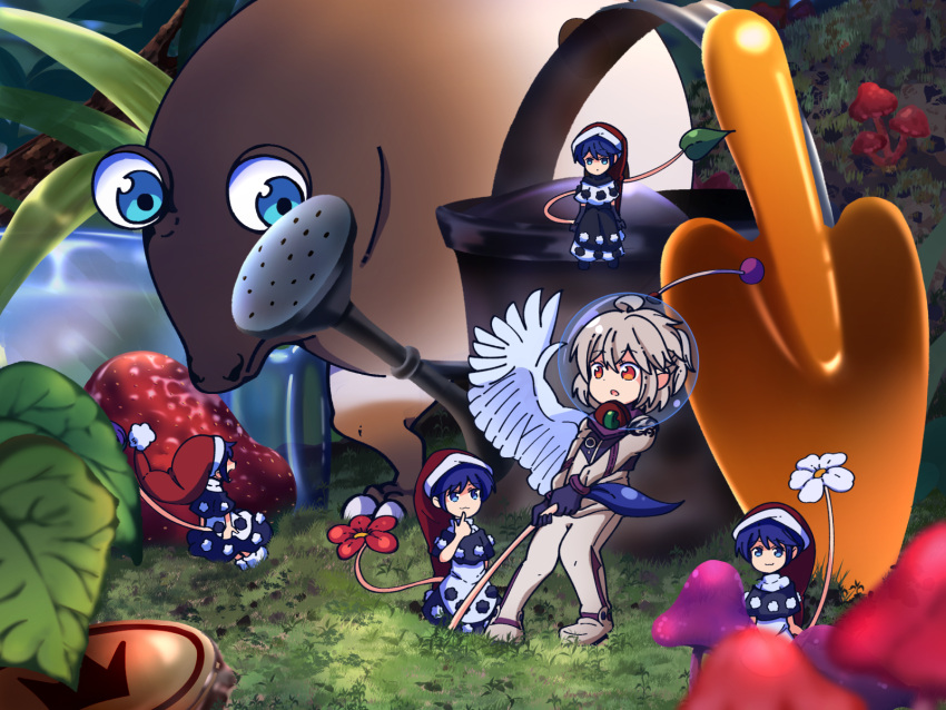 5girls, :o, ahoge, black_capelet, black_dress, black_gloves, blue_eyes, blue_hair