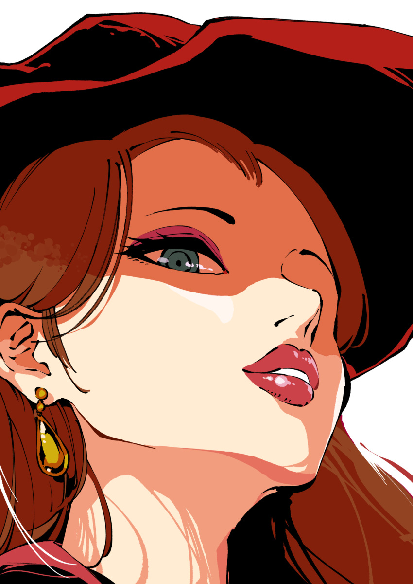 1girl, blue_eyes, brown_hair, coat, dangle_earrings, donkey_kong_(series), earrings, eyeshadow, fedora, gold_earrings, hat, highres, inworm, jewelry, long_hair, makeup, pauline_(mario), purple_eyeshadow, red_coat, red_headwear, red_lips, solo, super_mario_bros., super_mario_odyssey