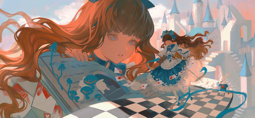 2girls, absurdres, baby_blue, blue_bow, blue_dress, blue_footwear, blue_sky, blunt_bangs