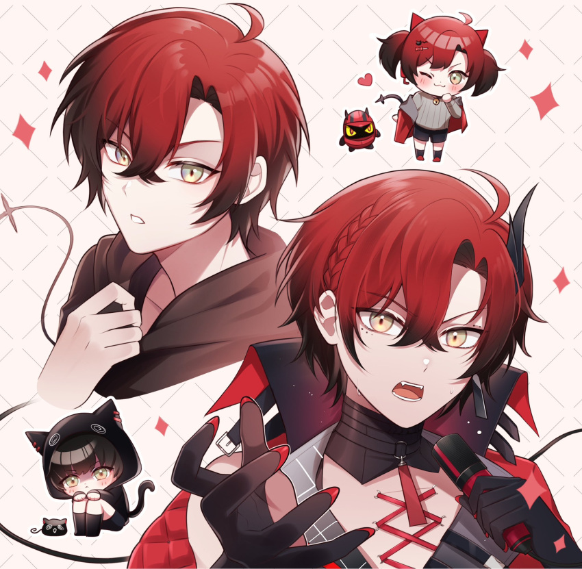 1boy, alternate_costume, alternate_hairstyle, bell, black_gloves, black_hair, black_hoodie, black_shorts