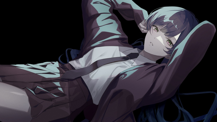 1girl, absurdres, amn_ic01, arms_up, black_background, black_hair, black_jacket, black_necktie, collared_shirt, cowboy_shot, expressionless, green_eyes, hakoniwalily, highres, jacket, kotoha_(hakoniwalily), long_hair, long_sleeves, looking_at_viewer, lying, multicolored_eyes, muted_color, necktie, official_art, on_back, open_clothes, open_jacket, parted_lips, pink_eyes, pleated_skirt, shirt, shirt_tucked_in, skirt, sleeves_past_wrists, solo, very_long_hair, white_shirt