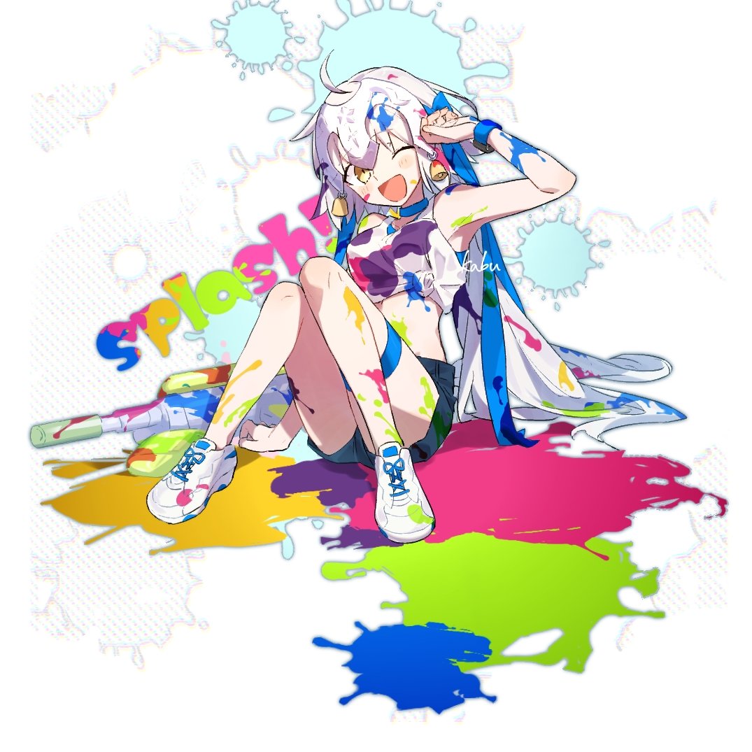 1girl, ahoge, bell, fate/grand_order, fate_(series), jeanne_d'arc_alter_santa_lily_(fate), kabutomushi_s, long_hair, midriff, paint_on_clothes, paint_splatter, shirt, shoes, shorts, smile, sneakers, tied_shirt, watch, watch, water_gun, white_hair, yellow_eyes