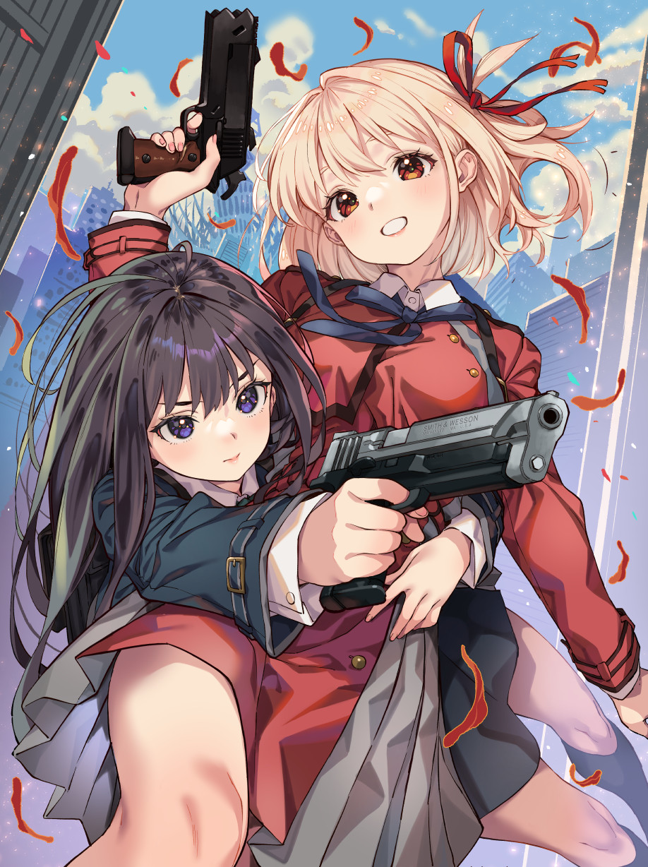 2girls, aiming, black_hair, blonde_hair, blue_dress, blue_ribbon, blue_sky, blush