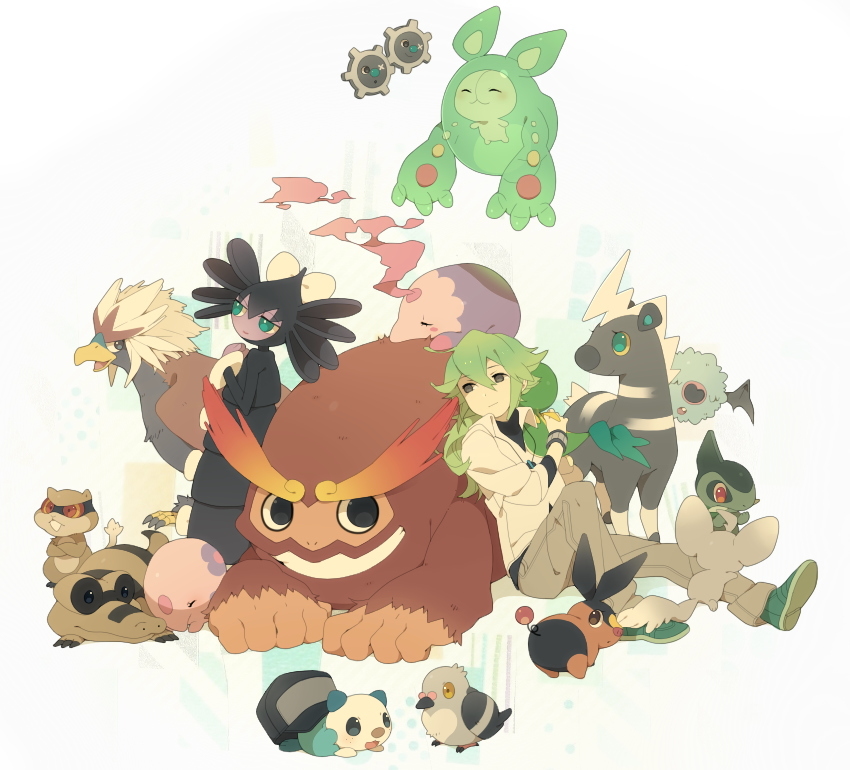 1boy, axew, baseball_cap, blitzle, braviary, darmanitan, gothitelle, green_hair