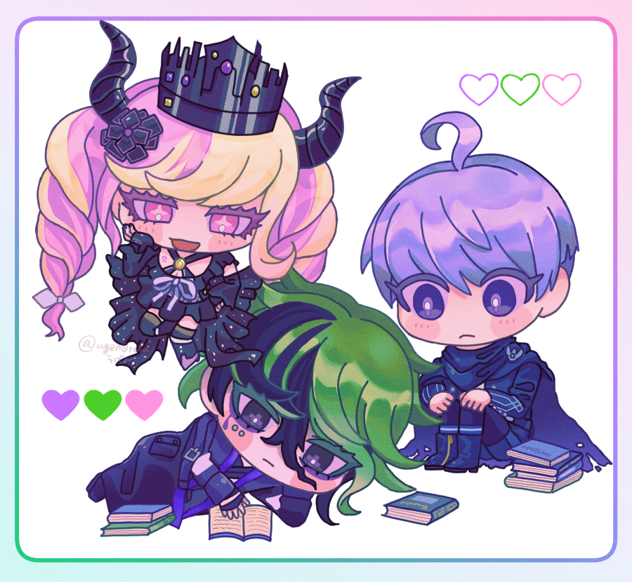 1girl, 2boys, ahoge, black_coat, black_dress, black_flower, black_gloves, black_horns, black_sleeves, black_thighhighs, blue_cape, blue_footwear, blue_jacket, blue_shorts, blush, book, book_stack, boots, braid, cape, chibi, closed_mouth, coat, commentary_request, criss-cross_halter, crown, detached_sleeves, dress, eyeliner, floating, flower, frilled_dress, frills, full_body, gloves, green_hair, hair_between_eyes, hair_flower, hair_ornament, hair_ribbon, halterneck, hand_on_own_cheek, hand_on_own_face, hand_up, hands_on_own_knees, heart, horns, jacket, long_hair, long_sleeves, looking_at_another, lying, makeup, master_detective_archives:_rain_code, messy_hair, multicolored_hair, multiple_boys, on_side, open_book, open_mouth, piercing, pink_eyes, pink_hair, purple_hair, reading, ribbon, shinigami_(rain_code), short_hair, shorts, sitting, smile, streaked_hair, symbol_in_eye, thigh-highs, twin_braids, two-tone_hair, ugen_(toparain), very_long_hair, violet_eyes, vivia_twilight, white_ribbon, yuma_kokohead