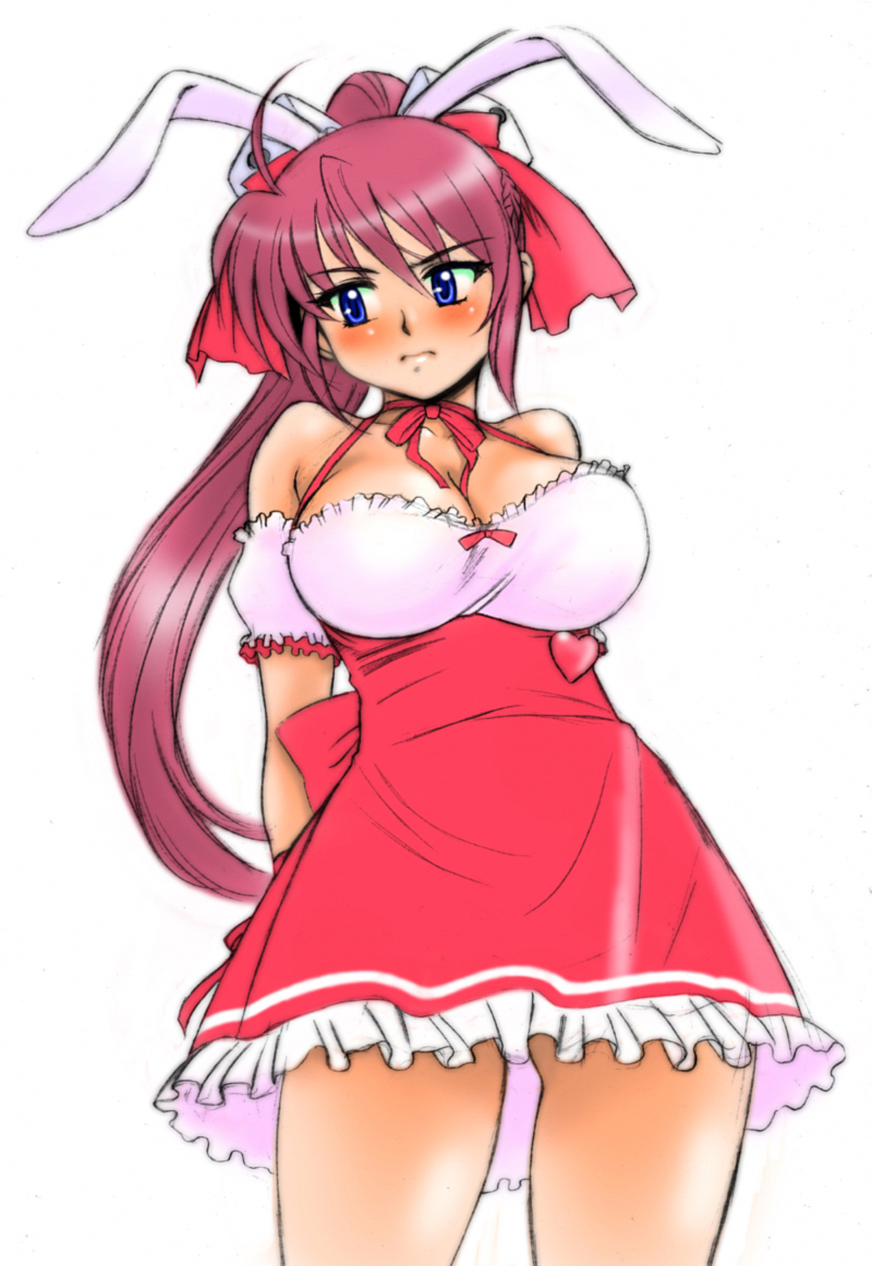 animal_ears, blue_eyes, blush, breasts, bunny_ears, cleavage, cosplay, di_gi_charat