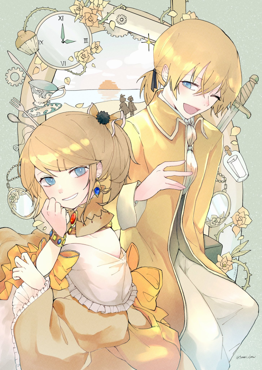 1boy, 1girl, aged_down, aku_no_meshitsukai_(vocaloid), aku_no_musume_(vocaloid), allen_avadonia, ascot, bare_shoulders