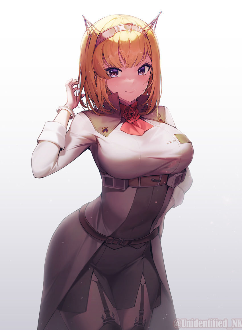 1girl, ascot, belt, black_belt, black_thighhighs, blonde_hair, blue_eyes, breasts