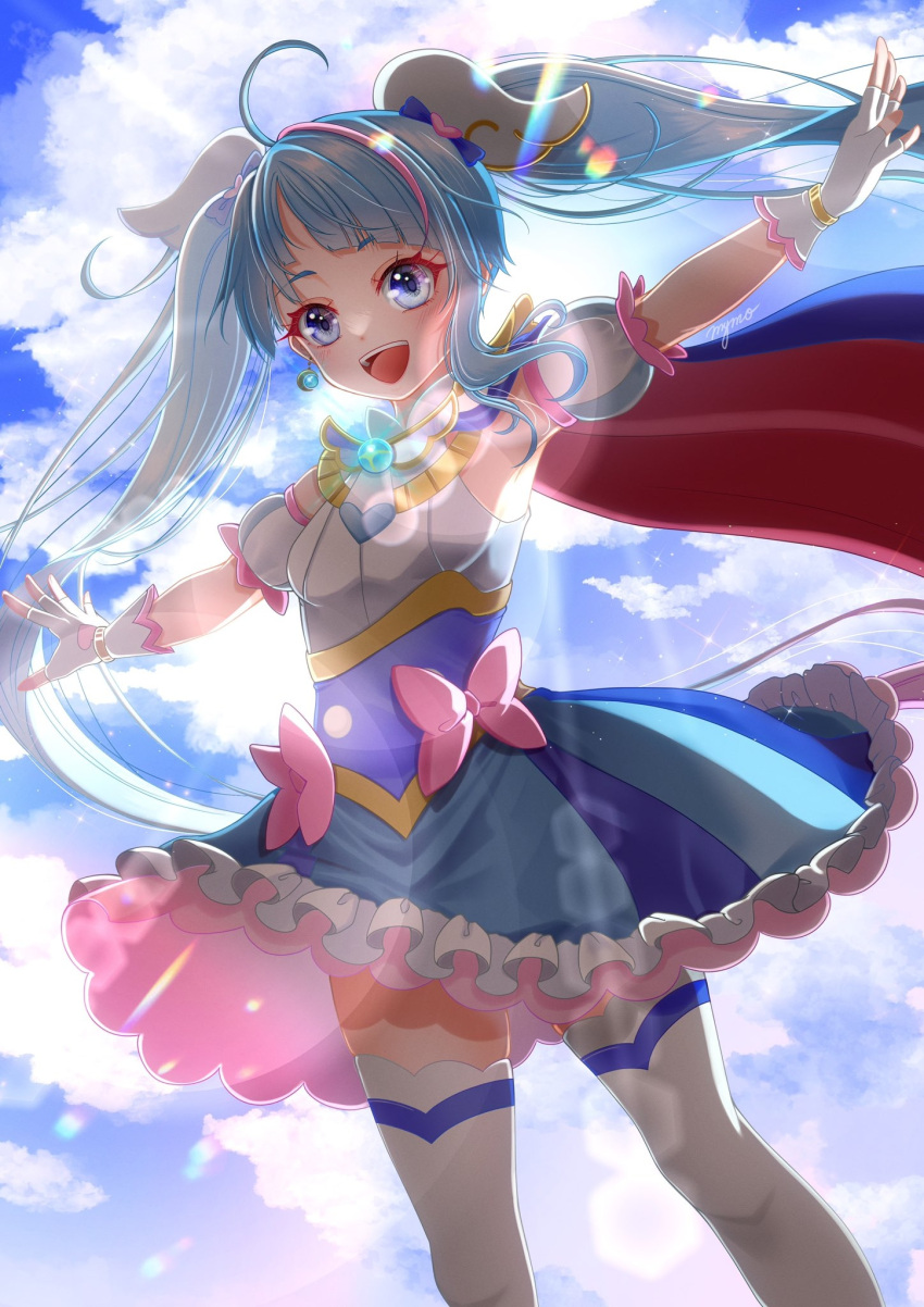 1girl, birthday, blue_cape, blue_eyes, blue_hair, brooch, cape, cure_sky