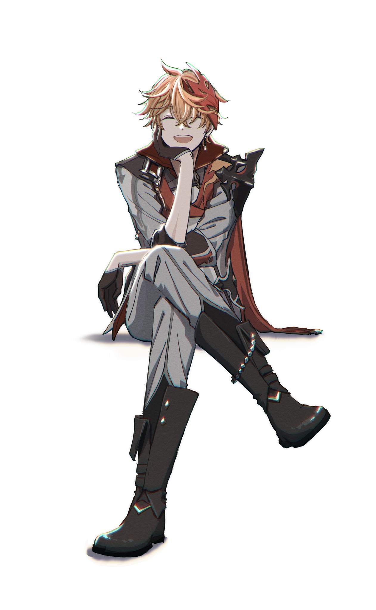 1boy, :d, ^_^, ahoge, black_footwear, black_gloves, boots, cape