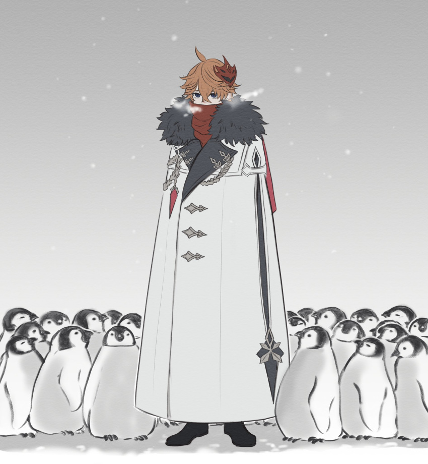 1boy, ahoge, aiguillette, bird, black_footwear, blue_eyes, boots, coat