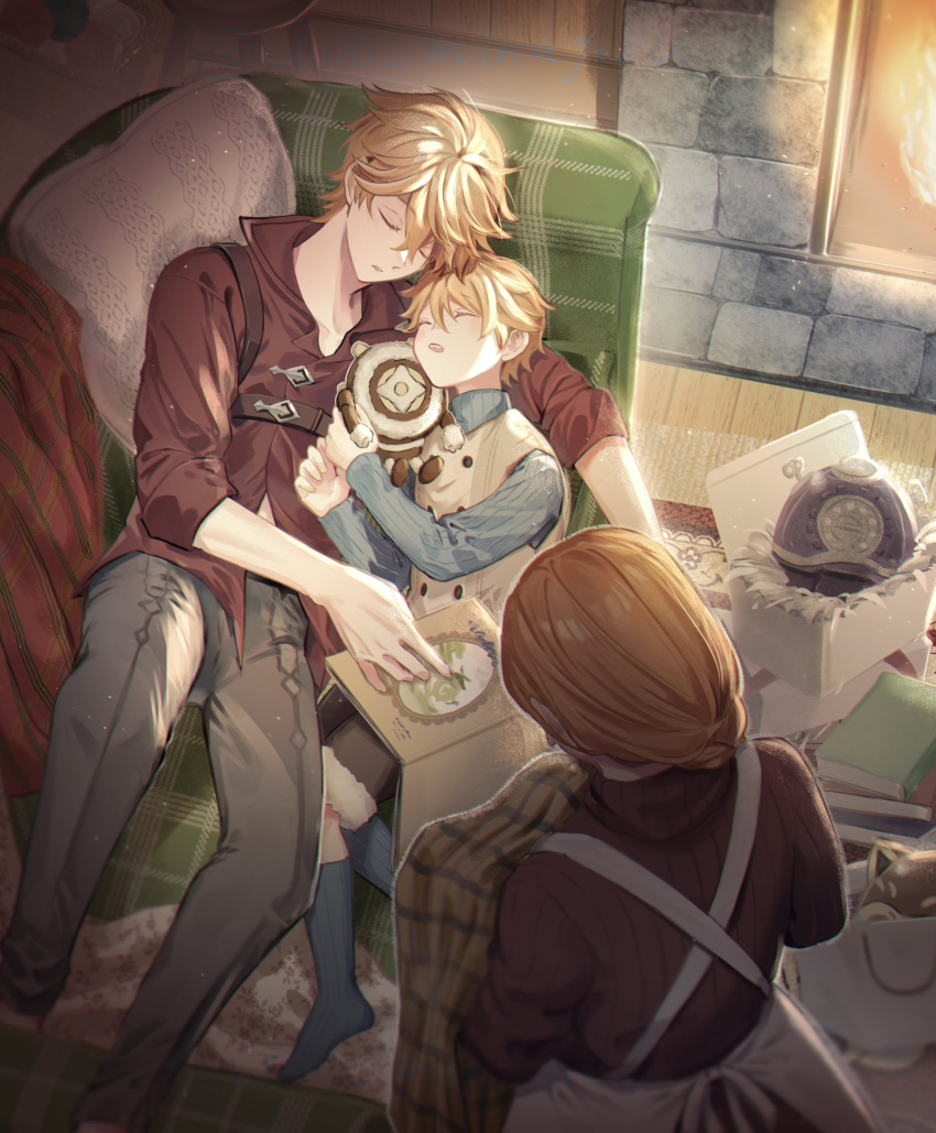 1girl, 2boys, apron, blanket, blue_socks, blue_sweater, book, book_stack