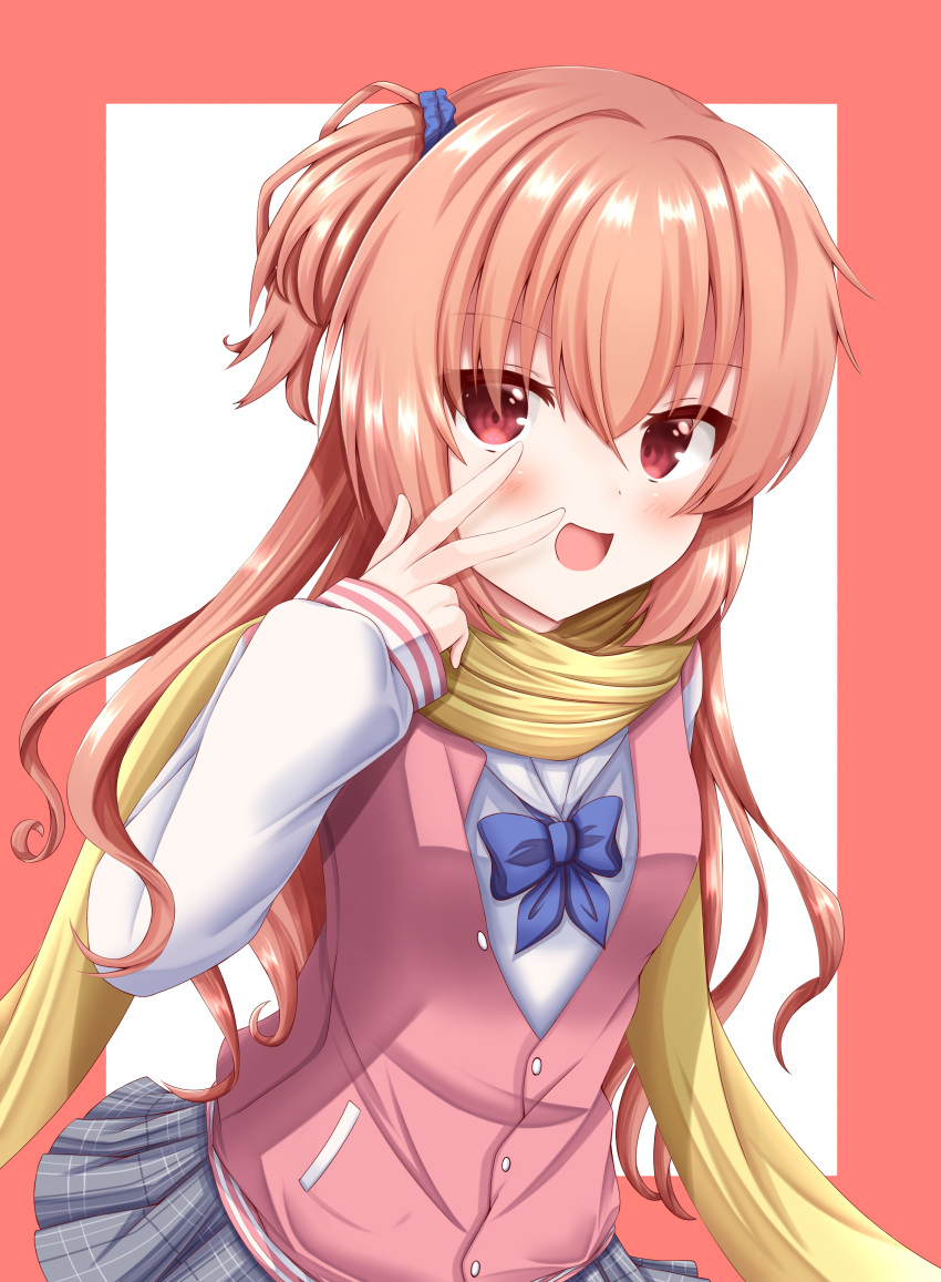 1girl, :d, absurdres, blue_bow, blue_scrunchie, blush, border, bow