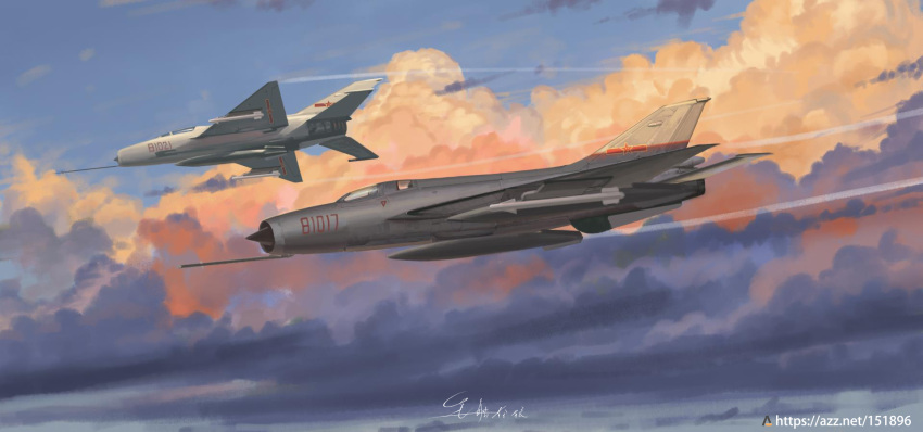 air-to-air_missile, aircraft, airplane, centerline_fuel_tank, chengdu_j-7, clouds, cloudy_sky, contrail, fighter_jet, highres, j-7, jet, military_vehicle, original, people's_liberation_army, people's_liberation_army_air_force, pl-9, shouhui_lang_qun, signature, sky, vehicle_focus