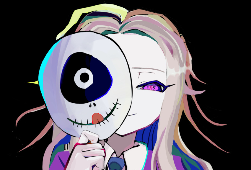 1boy, black_background, blonde_hair, blue_necktie, closed_mouth, collared_shirt, commentary_request, hand_up, highres, holding, holding_mask, jacket, kutsuri, long_hair, looking_at_viewer, makoto_kagutsuchi, male_focus, mask, master_detective_archives:_rain_code, necktie, purple_jacket, shirt, simple_background, smile, solo, spoilers, symbol_in_eye, upper_body, violet_eyes, white_shirt