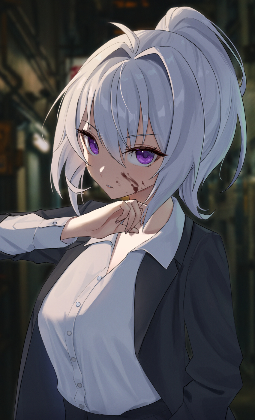 1girl, absurdres, ahoge, black_coat, blood, blood_on_face, blurry, blurry_background