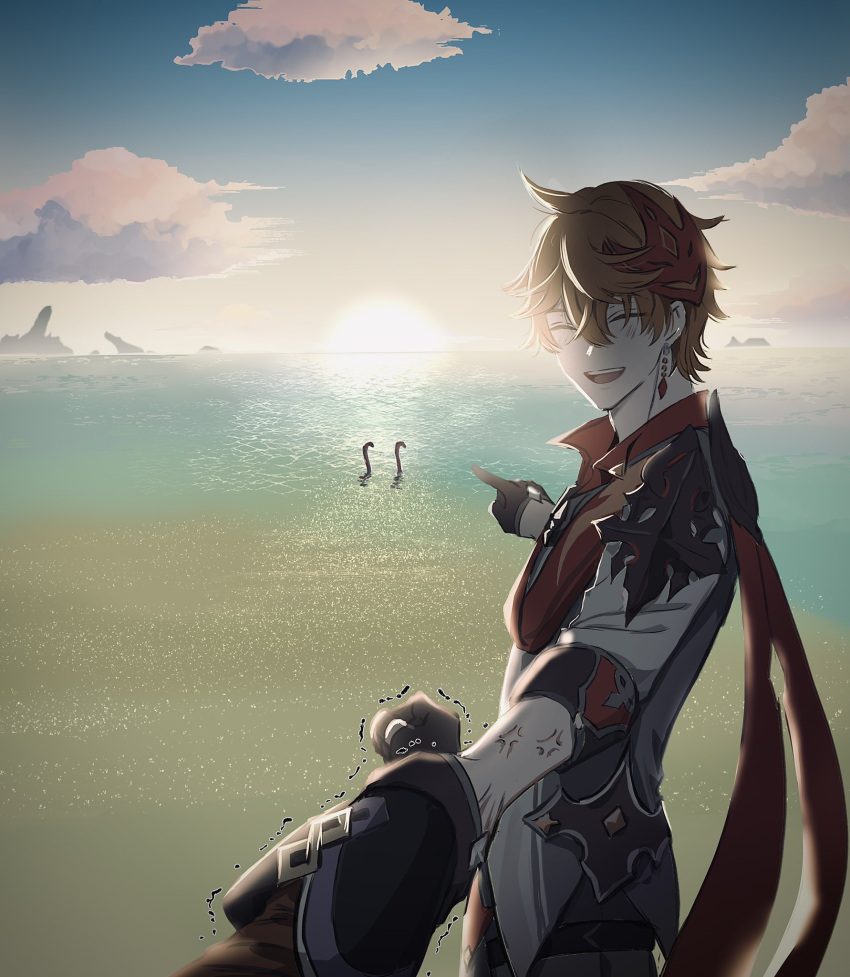 2boys, :d, ^_^, ahoge, beach, black_gloves, blush, cape, closed_eyes, clouds, commentary_request, crossed_bangs, earrings, eel, garden_eel, genshin_impact, gloves, gradient_sky, grey_jacket, hair_between_eyes, half_gloves, highres, holding_another's_wrist, horizon, index_finger_raised, island, jacket, jewelry, long_sleeves, looking_to_the_side, male_focus, mask, mask_on_head, mountainous_horizon, multiple_boys, ocean, open_mouth, orange_hair, outdoors, pointing, popped_collar, pov, red_cape, red_mask, red_shirt, sailor_collar, sand, shirt, short_hair, single_earring, sky, sleeves_rolled_up, smile, solo_focus, sun, sunset, tartaglia_(genshin_impact), teeth, trembling, uoo_minagiru, upper_teeth_only, veins, water, zhongli_(genshin_impact)