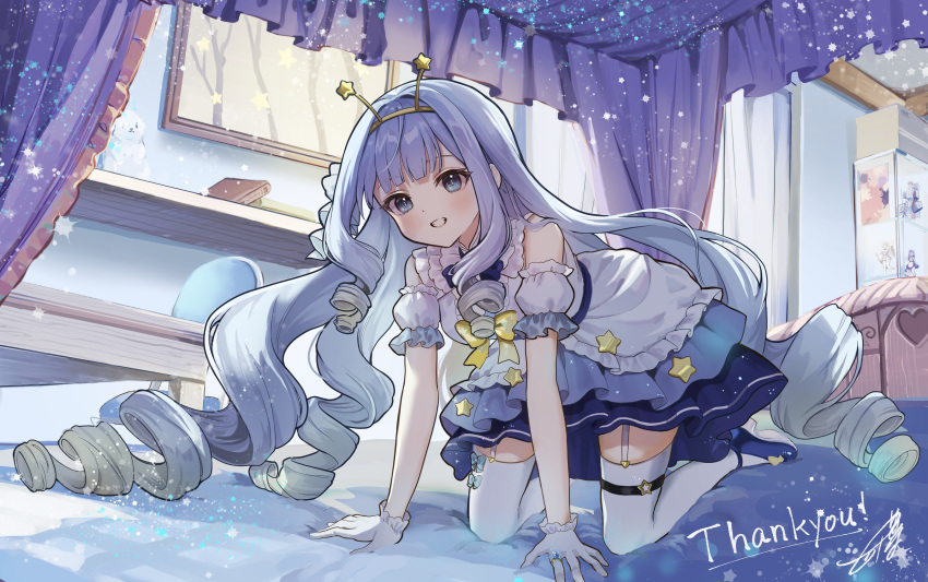 1girl, absurdres, all_fours, antennae, bed, bedroom, blue_eyes, blue_footwear