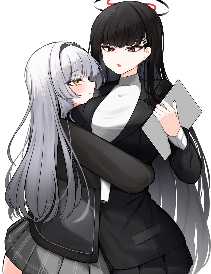 2girls, absurdres, black_coat, black_hair, black_survival, blue_archive, breasts, coat