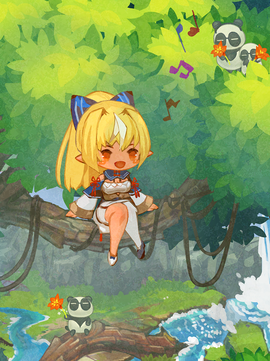 blonde_hair, blush, blush_stickers, bow, brown_eyes, chibi, dark-skinned_female, dark_skin, detached_sleeves, elf, hair_bow, high_collar, high_ponytail, hololive, kintsuba_(shiranui_flare), long_hair, multicolored_hair, music, musical_note, open_mouth, orange_eyes, pamyuu, pointy_ears, shiranui_flare, shiranui_flare_(old_design), singing, single_thighhigh, sitting, sitting_on_branch, skirt, streaked_hair, thigh-highs, trembling, virtual_youtuber, white_skirt