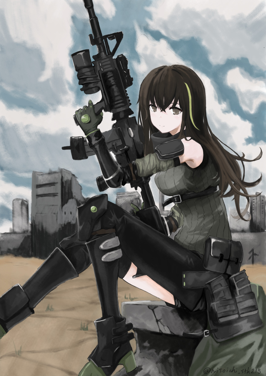 absurdres, assault_rifle, asymmetrical_legwear, belt, black_footwear, blue_sky, brown_eyes, brown_hair