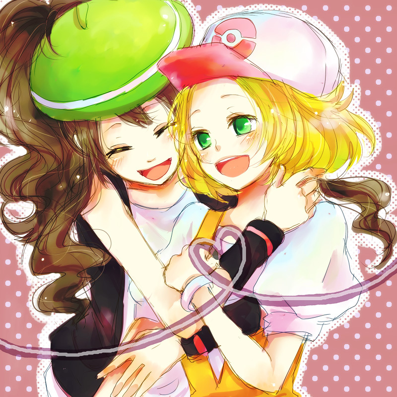 2girls, aheim, baseball_cap, bel_(pokemon), bell_(pokemon), beret, blonde_hair, brown_hair
