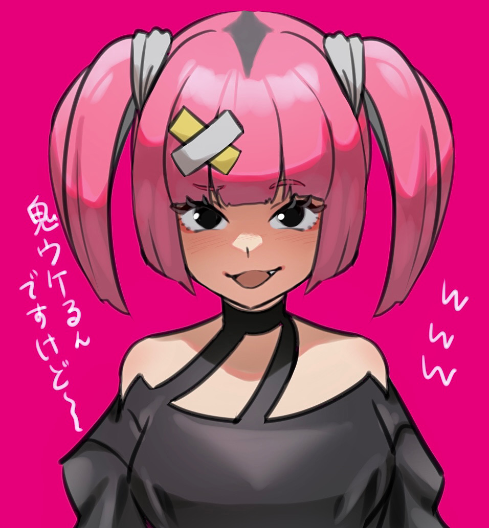 1girl, :d, black_eyes, black_shirt, commentary_request, echizen_(n_fns17), eyelashes, fang