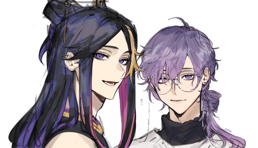 2boys, artist_name, black_hair, black_shirt, blonde_hair, closed_mouth, commentary, ear_piercing