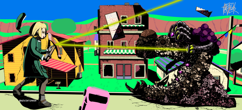 1girl, 1other, absurdres, angry, artist_name, awning, axe, axiom_verge
