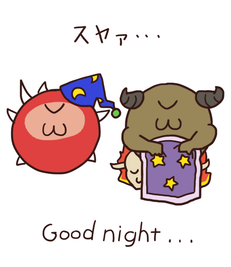 :3, animal_focus, blanket, blue_headwear, cacodemon, chibi, closed_eyes, commentary_request