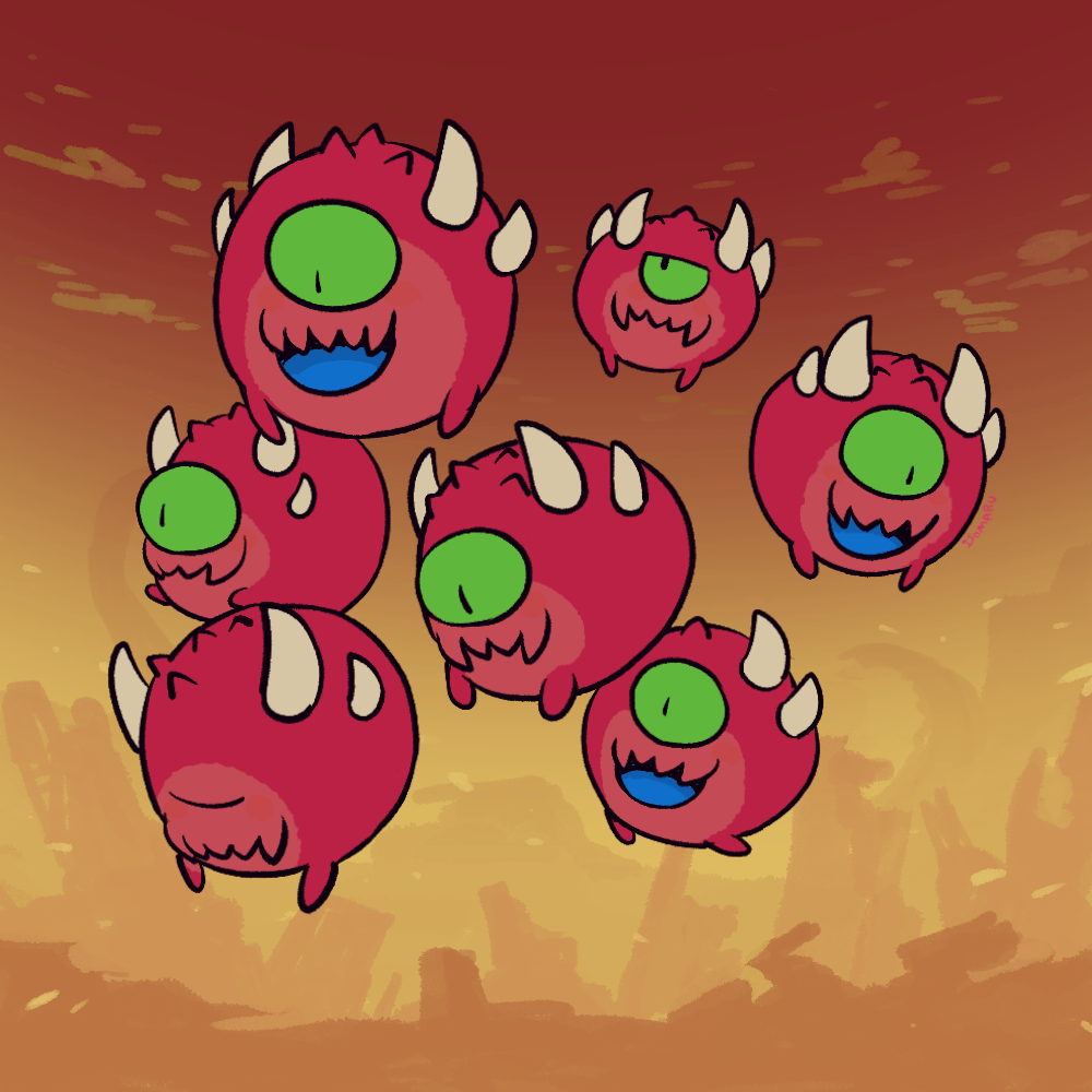 animal_focus, artist_name, black_eyes, blue_tongue, cacodemon, chibi, closed_eyes, closed_mouth