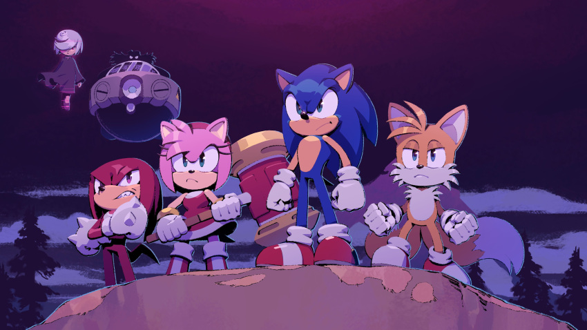 absurdres, amy_rose, angry, annoyed, black_dress, blue_eyes, blue_fur, boots, dr._eggman, dress, evan_stanley, floating, glitch, gloves, green_eyes, hammer, headband, highres, holding, holding_weapon, knuckles_the_echidna, long_dress, multiple_boys, multiple_girls, night, night_sky, nose_hair, one_eye_covered, outdoors, red_dress, red_eyes, redhead, sage_(sonic), sky, sonic_(series), sonic_frontiers, sonic_the_hedgehog, tails_(sonic), weapon, white_fur, white_hair, yellow_fur