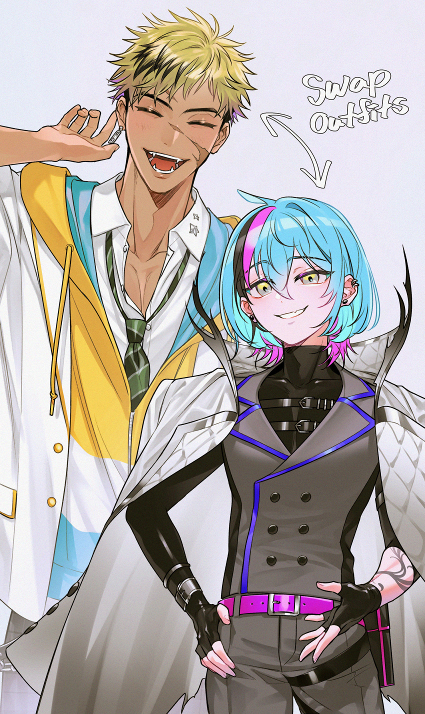 2boys, :d, ^_^, absurdres, arm_tattoo, arm_up, arrow_(symbol), asymmetrical_sleeves