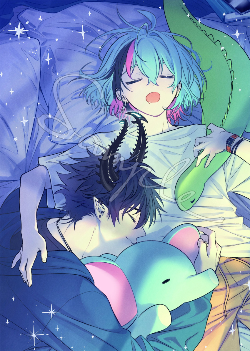 2boys, absurdres, bed, black_hair, black_horns, black_shirt, blue_hair, blue_hoodie, book, bracelet, chain_necklace, closed_eyes, closed_mouth, commentary_request, drawstring, drooling, ear_piercing, earrings, eyelashes, hair_between_eyes, highres, hood, hood_down, hoodie, horns, jewelry, kyo_kaneko, kyomie_(kyo_kaneko), long_sleeves, lying, male_focus, messy_hair, multicolored_hair, multiple_boys, necklace, nijisanji, nijisanji_en, on_back, on_bed, on_side, open_mouth, piercing, pillow, pink_hair, pointy_ears, profile, ren_zotto, sample_watermark, shirt, short_hair, short_sleeves, sidelocks, single_earring, sleeping, smile, sparkle, streaked_hair, stud_earrings, stuffed_animal, stuffed_dinosaur, stuffed_toy, t-shirt, virtual_youtuber, watch, watch, white_shirt, yuyuwu