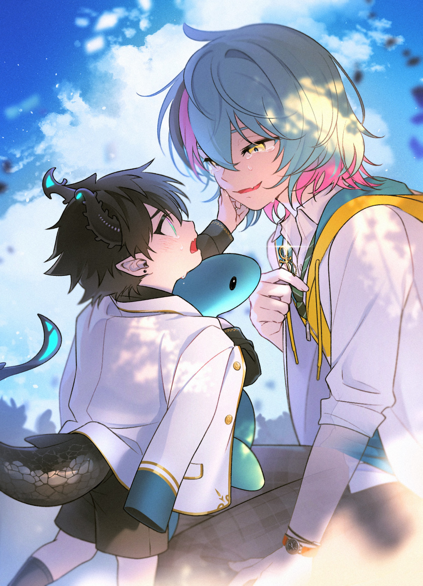 2boys, aged_down, arm_up, black_hair, black_horns, black_shirt, black_shorts, blue_hair
