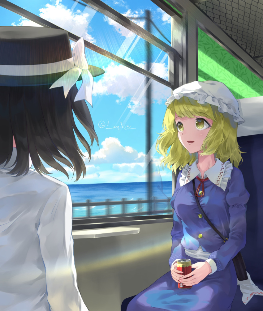 2girls, bag, blonde_hair, blue_sky, boater_hat, can, clouds, collar