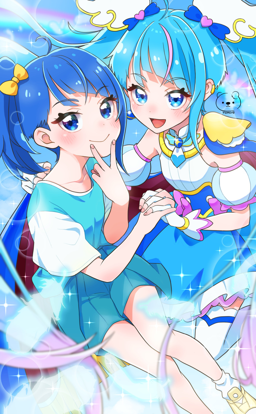1girl, absurdres, ahoge, blue_eyes, blue_hair, blue_skirt, blunt_bangs, bow